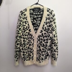 Pol Leopard Print Fuzzy V-Neck Cardigan Medium Cream and Black
